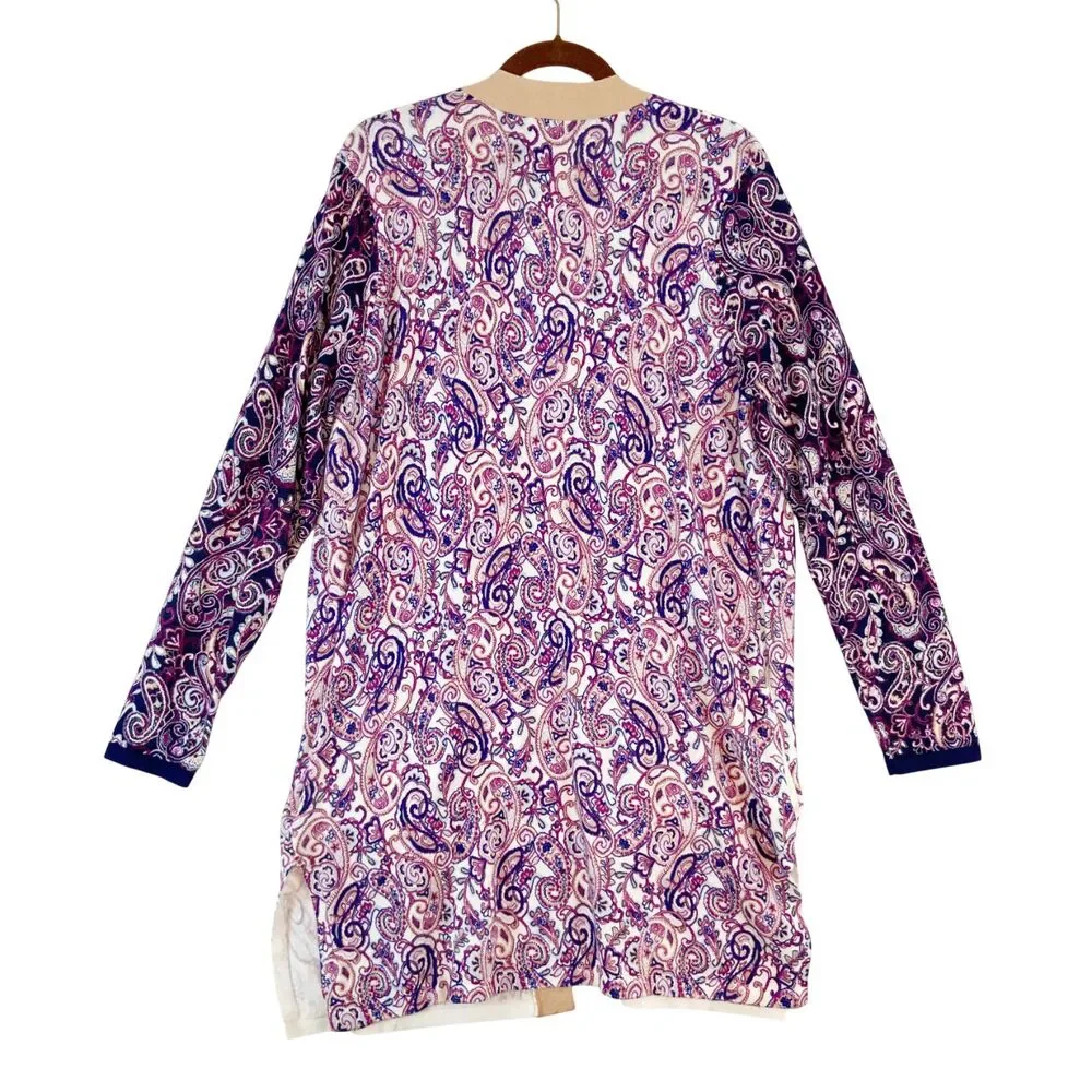 Lands End Long Line Cardigan Sweater‎ Women's Large 14-16 Paisley Open Front